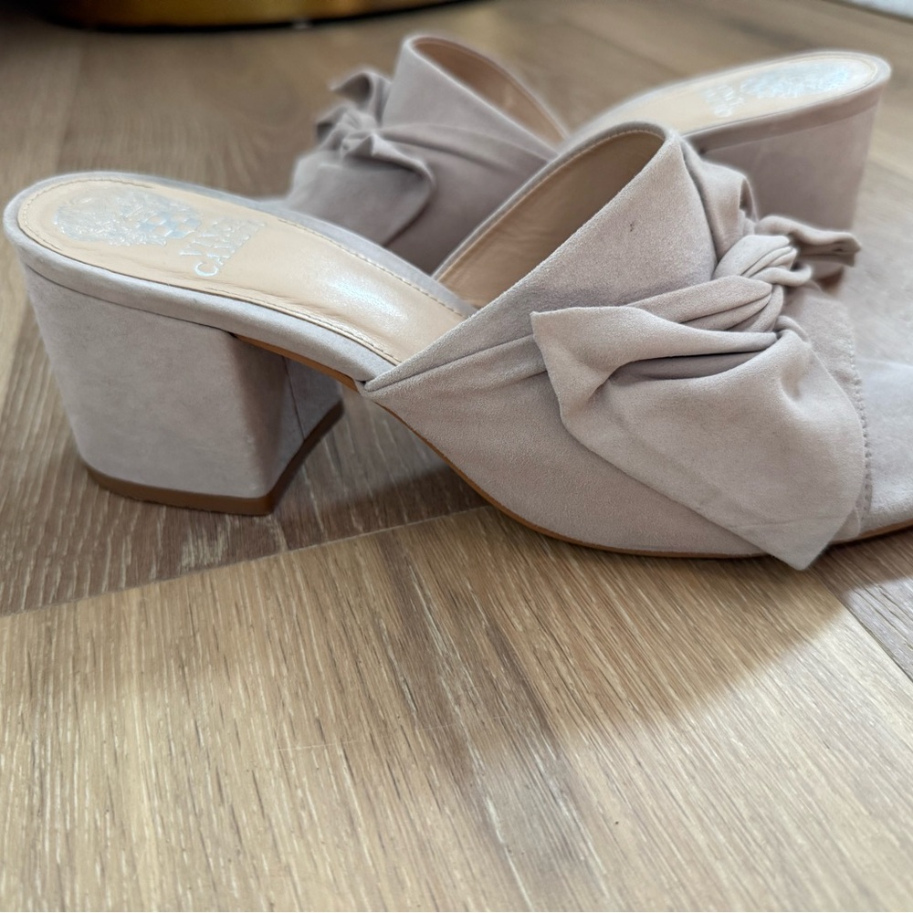 Vince Camuto Taupe Bow Block Heel Mules